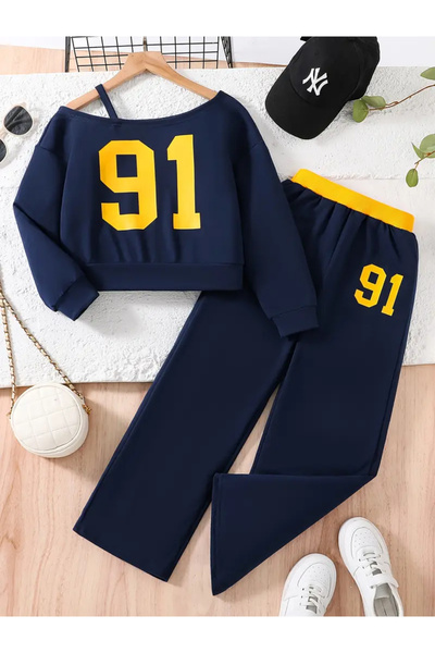 npLStore Devojčina 91 Štampano tamnoplava-žuta trenirka sa lađastim izrezom G...