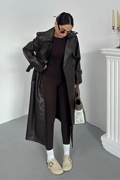 spirituel Dámský trenčkot Dlouhý trenčkot z umělé kůže s páskem na knoflíky s kapsami a rozparkem s dvojitým límcem