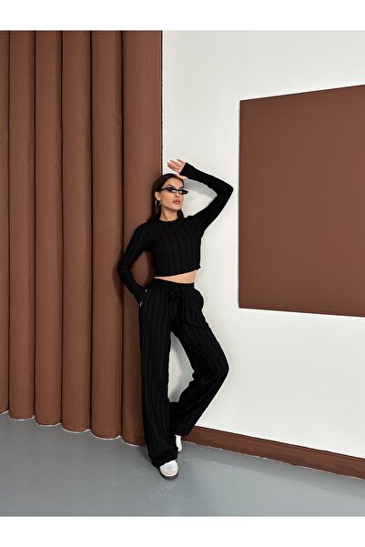 LE CARAMBOLE Women's Black Slip-On Ruffle Fabric Top and Bottom Set