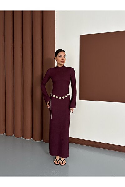 LE CARAMBOLE Women's Burgundy Belt Detailed Long Dress