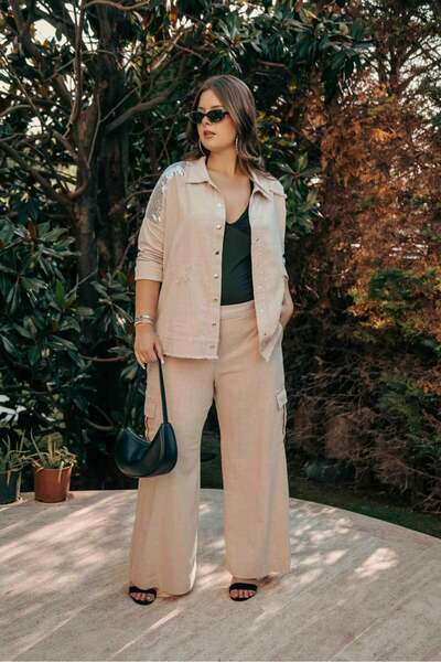 Roxxlen 1111056 Γυναικείο Μεγάλο Μέγεθος Παντελόνι Φαρδύ Μπεζ Συσκευασία των πλαϊνή τσέπη