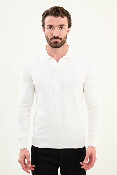 Mcr Striped Slim Fit Lapel Collar Men's Sweater Ecru - 11572.25K