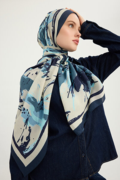 Schaless Özgür Brushes - Indigo - Vierra Patterned Viscose Shawl - 70x190 cm