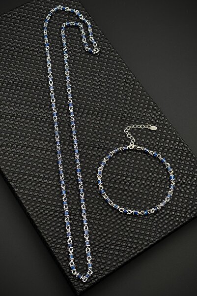 FRNCH 925 Ayar Gümüş Lacivert Zirkon Taşlı Gümüş Renk Erkek Bileklik/Kolye Se...