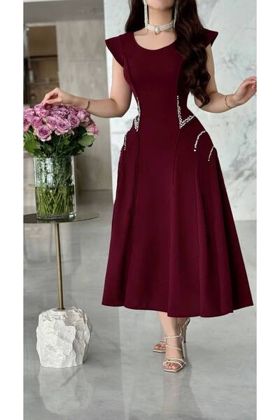 VİVİ فستان برغندي ناعم بلمسة لؤلؤية