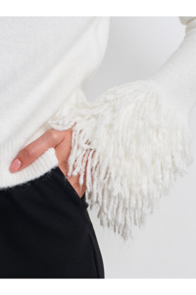 Dilvin 60992 Kolu Püsküllü Triko Hırka-Ekru