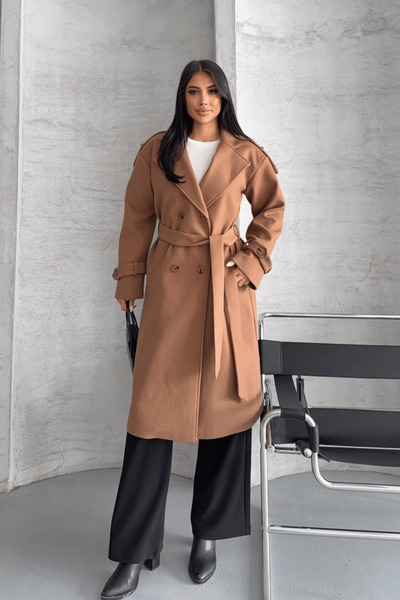 giyimmasalı Imported Cashmere Fabric Long Coat - Light Brown