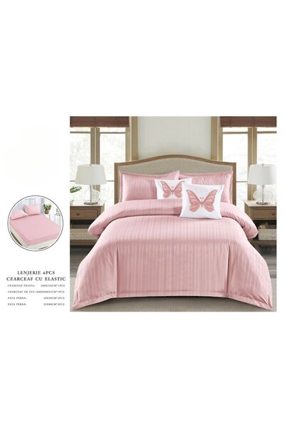 OEM Double Bed Sheet Set, Uni, Finet Damask Type, 1 cm Stripe, 6 Pieces, Fitted Bed Sheet 180x200 cm, Du