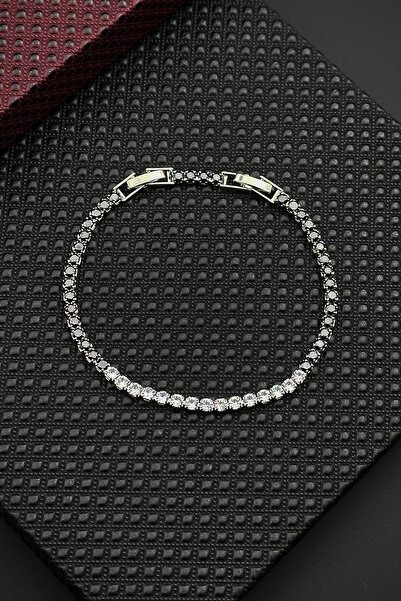 FRNCH Siyah-Beyaz Zirkon Taşlı Gümüş Renk Tennis Erkek Bileklik FRJ12675-3675-B2A