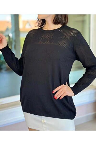 GALA WOMAN Long Sleeve Openwork Knit Sweater with Mesh Detail