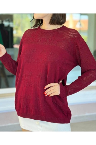 GALA WOMAN Long Sleeve Openwork Knit Sweater with Mesh Detail