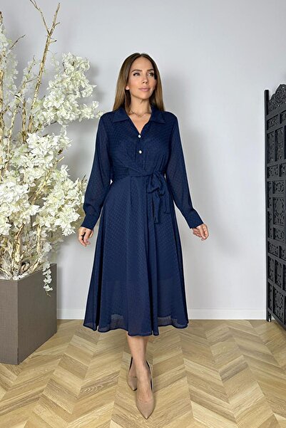 gesmoda G1568 Düğme Detaylı Desenli Şifon Elbise Lacivert