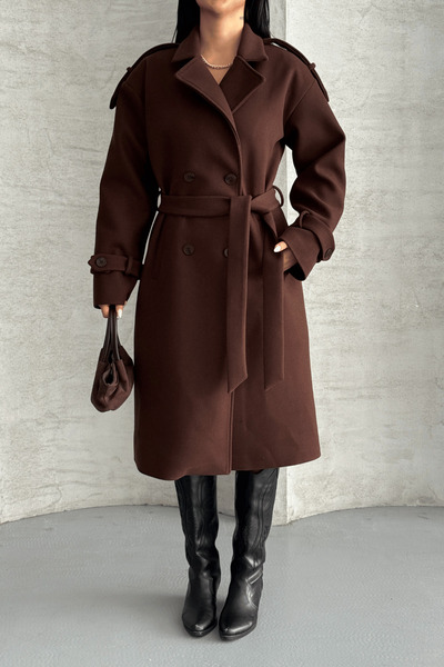 giyimmasalı Imported Cashmere Fabric Long Coat - Dark Brown