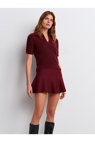 Dilvin 80120 Elastic Waist Knitted Skirt - Dark Burgundy
