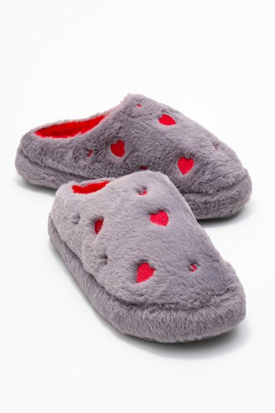 CCWAY AYAKKABI شباشب منزلية نسائية مفتوحة الظهر بتصميم قلب وريش؛ رمادي