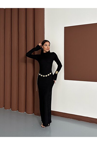 LE CARAMBOLE Women's Black Belt Detailed Long Dress