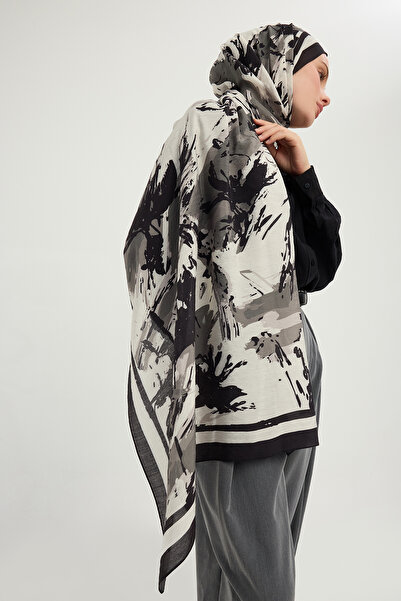 Schaless Özgür Brushes - Gray - Vierra Patterned Viscose Scarf - 70x190 cm