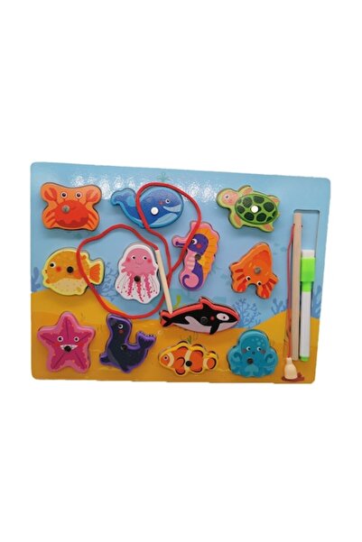 Vision XXI Joc de pescuit din lemn cu magnet, 16 piese, tablă și marker, 30x22cm, VisionXXI