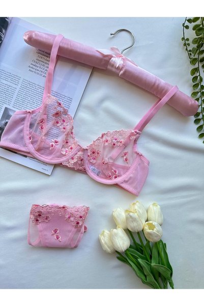 BLUE AVCI LINGERIE Mean Girl Lingerie Floral Pattern Soft Pink Underwire Tulle Bra Set