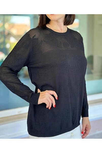 GALA WOMAN Long Sleeve Openwork Knit Sweater with Mesh Detail