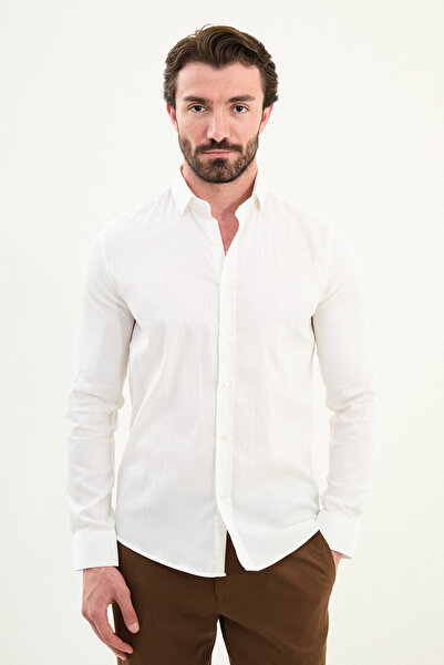 Mcr Patterned Slim Fit Long Sleeve Men's Shirt Ecru - 27110.25K