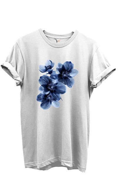 WİDİ Γυναικείο μπλουζάκι με λαιμόκοψη με μπλε λουλούδια, 100% βαμβάκι, κανονική εφαρμογή