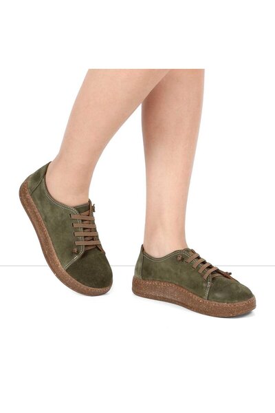 Celal Gültekin Kadın Haki Bağcıklı Kalın Tabanlı Süet Deri Ayakkabı