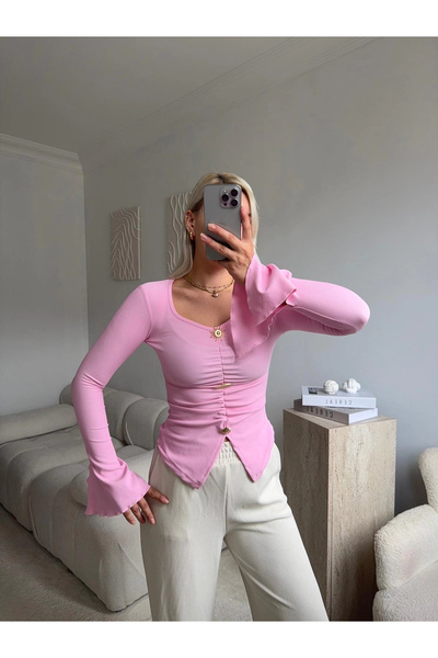 Zora Butik Kolları Volanlı Aksesuar Bluz - PEMBE