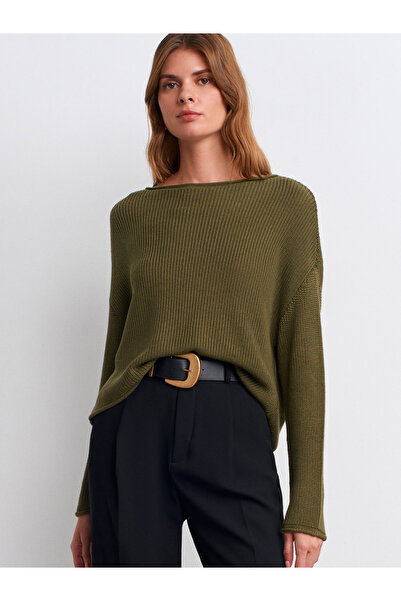 Dilvin 10804 Pulover din tricot cu gât barcă - kaki