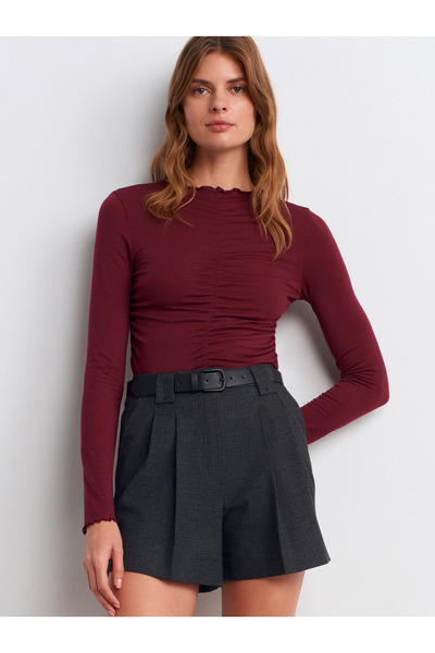 Dilvin 32112 Gathered Top-Burgundy