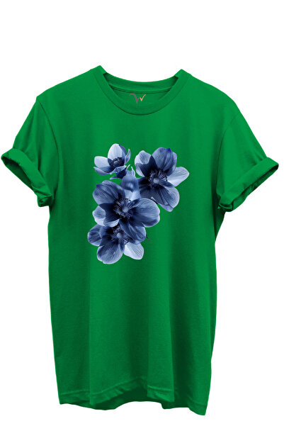 WİDİ Blue Floral Patterned Women's 100% Cotton Regular Fit Crew Neck T-Shirt