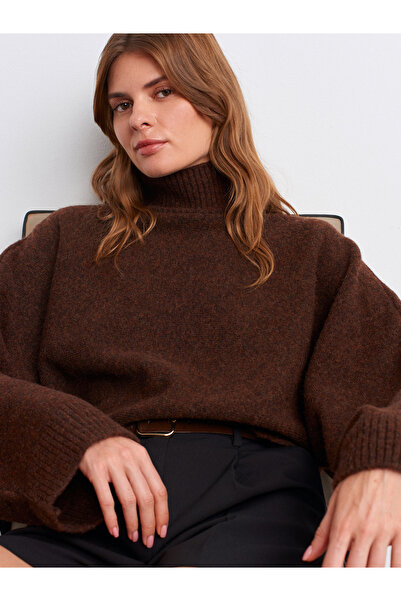 Dilvin 10817 Yarasa Kol Yün Karışımlı Triko Kazak-Kahve M.
