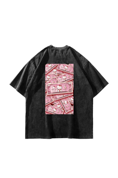 Sekizbiraltı H. Kitty Money Printed Oversize Unisex Washable Black Tshirt