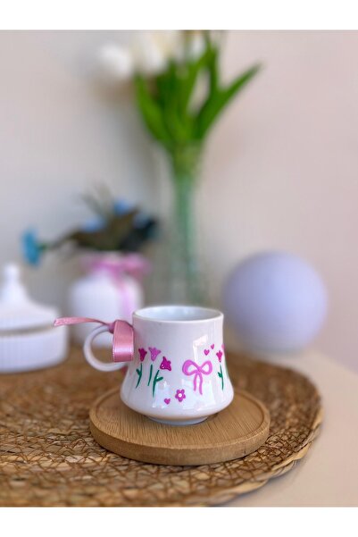 Flossy Design فنجان قهوة مصنوع يدويًا، فنجان بتفاصيل شريطية، مع شمعة كهدية، هدية