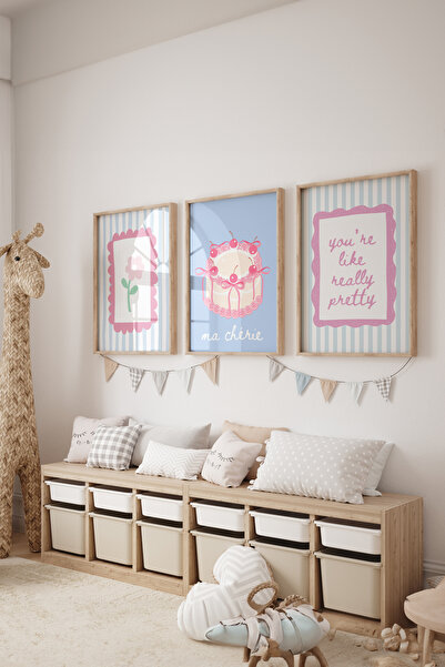 Posteria 3'lü Sevimli Hayaller, Çocuk Odası Dekoru, Pembe Çocuk Odası Tablosu, Poster Seti