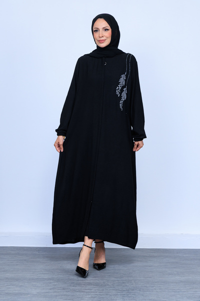 OKTAYUSTA COLLECTİON Yaprak Taş İşleme Detaylı Tam Boy Gizli Patlı Siyah Ferace