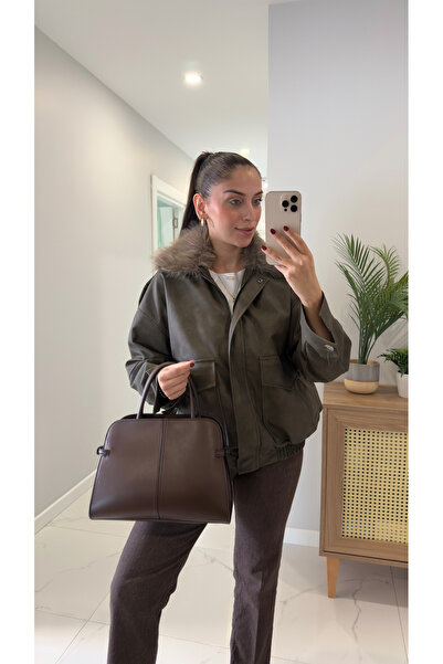 BİRCANÇİL Onda Khaki Leather Jacket with Removable Fur Collar
