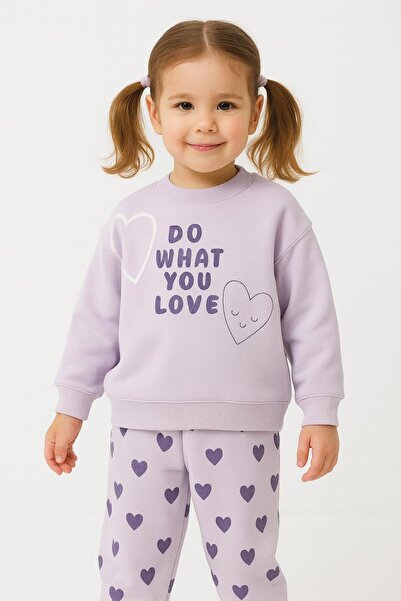 RAPAPA Girl's Heart Patterned 3 Thread Ribbed Tracksuit Set – Sweatshirt & Bottom 10735