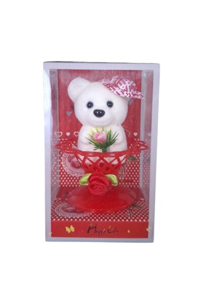 Vision XXI Ursuleț ornamental cu pălărie și buchet de flori în suport roșu,