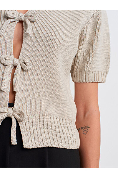Dilvin 10809 Bowknot Knitwear Top-Stone