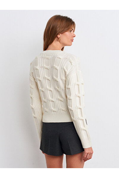 Dilvin 10825 Embossed Detailed Knitwear Sweater-Ecru