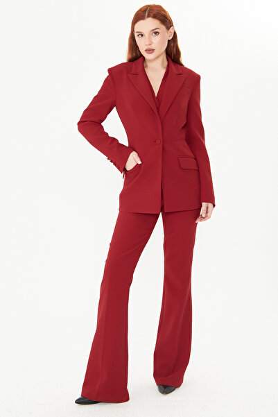 PEARL Bordo Blazer Ceket Flare Pantolon Takım – Kadın Yüksek Bel Şık Ofis Takımı Alt Üst Kombin