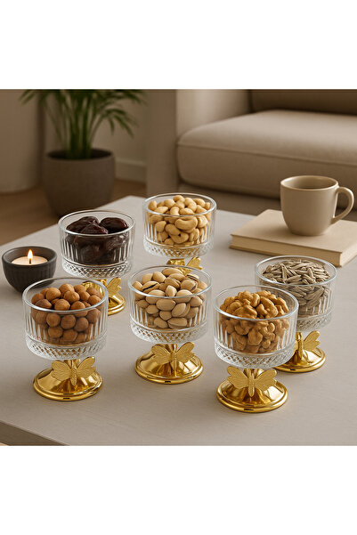 Fiyakalı Ürünler Atölyesi 6-Piece Elysia Glass Magnolia Bowl with Stand, Without Lid, Ice Cream Bowl, Sugar Bowl, Snack Bowl, Jam Bowl