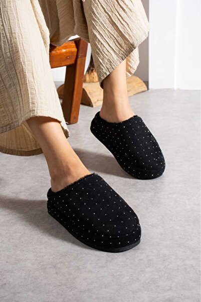 STOCON Γυναικείες παντόφλες με επένδυση από γούνα, κομψές, με πέτρα κεντημένες, ζεστές παντόφλες για το σπίτι, παντόφλες με επένδυση, παντόφλες με επένδυση STC1177