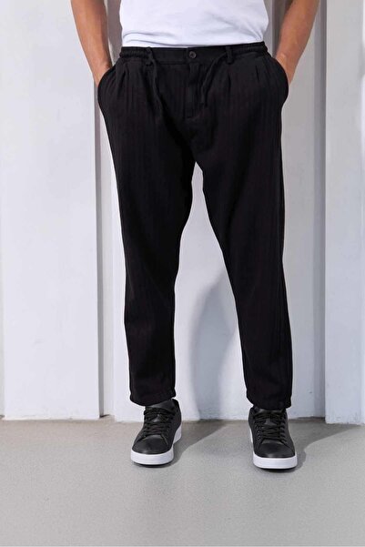 Valiberta Ανδρικό παντελόνι Norman Relax Fit από ύφασμα Gabardine με ρίγες - Μαύρο