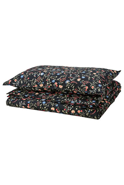 IKEA BRUDKRUSBÄR Duvet Cover and Pillowcase, Black Multicolour/Floral Pattern, 150 x 200/50 x 80 cm
