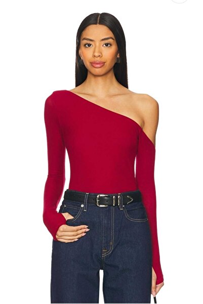 AFR CLOTHES Women's Double Layer Jersey Asymmetric Neckline Finger-Through Bluz