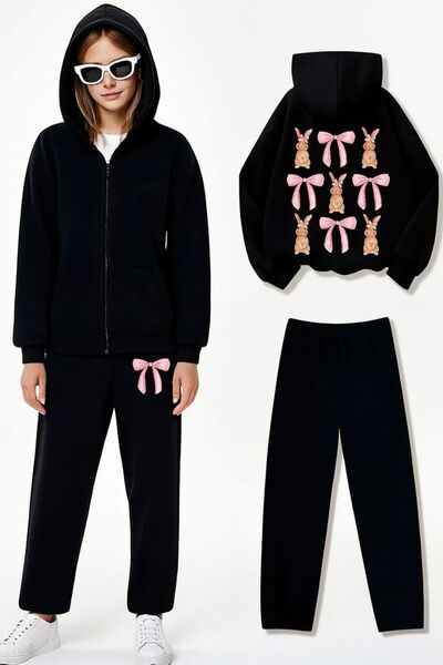 MORNİNG KİDS Girls' Black Zippered Hooded Sweatshirt with Rabbit and Ribbons ...