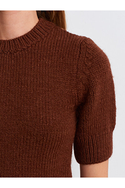 Dilvin 10821 Crew Neck Short Sleeve Knitwear Sweater-Brown