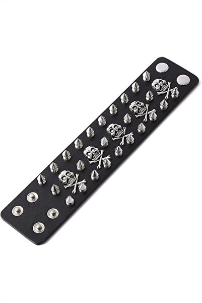Karakedi Black Gothic 3 Stripe Skull Spiked Detailed Leather Bracelet